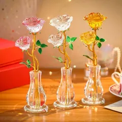 オブジェ 置物 バラ 花瓶付きクリスタルローズの装飾
