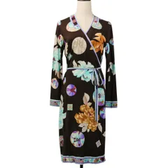 LEONARD FASHION レオナールファッション フラワープリント ウールシルク 長袖 ひざ丈 カシュクールワンピース サイズL ブラウン レディース 春 夏 秋 冬 中古 古着 USED 良品