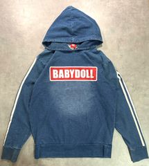 BABYDOLL Y2K 아기 인형 데님 스타일 스웨트 파커 L 블루 로고 소매 라인 뒷모습 풀오버 헌옷 스트리트