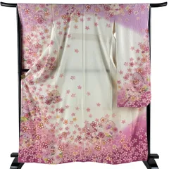 振袖 身丈165.5cm 裄丈65.5cm M 袷 雪輪 桜 金糸 金彩 クリーム 正絹 名品 【中古】