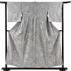 小紋 身丈153.5cm 裄丈63cm S 単衣 樹木 七宝 紋意匠 灰色 正絹 名品 【中古】