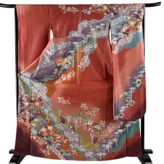 【美品】 振袖 身丈168.5cm 裄丈65cm M 袷 扇面 草花 銀通し 金彩 サーモンピンク 正絹 名品 【中古】