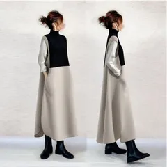 ロングワンピース 即購入OK レディース ハイネック ロング丈 ワンピース マキシ丈 配色 切り替え 体型カバー ゆったり シンプル カジュアル おしゃれ かわいい 秋 冬 通勤 通学 20代 30代 40代 50代 xzzhang720