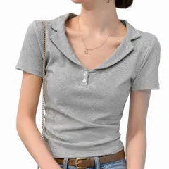 [FARFADET] 半袖 Tシャツ レディース えり付き 襟付き 無地 速乾 通気性 トップス 夏 かわいい 涼しい ドレープ 大人可愛い (JP, アルファベット, L, グレー) [グレー] [L]