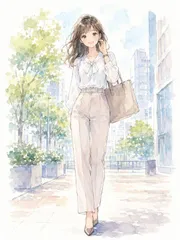 A4サイズ c1593 街並みを歩く上品な人物と淡い緑・青が彩る透明水彩アートプリント インテリア装飾