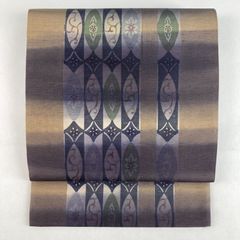 たんす屋 リユース  袋帯 紺 茶 カジュアル 染め 紅型 幾何学 紬地 絹 全通 洗い済 7650004472827