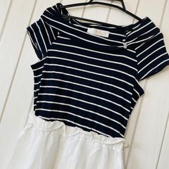 D-49　tocco closet　トッコクローゼット　ドッキングワンピース　M　ボーダー　白　チュールスカート　カットワーク刺繍　レース　切り替え　膝丈　訳あり　ガーリー