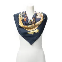 [中古] HERMES エルメススカーフネイビー、黄色、緑100% ツイルシルクA
