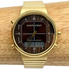 稼働/新品電池　CITIZEN　シチズン　INDEPENDENT　インディペンデント　C201-003476-02　腕時計　アナデジ　クォーツ　ヴィンテージ　木目調　アナログ　ラウンド　3針　Y2K　ゴールド【cd3】