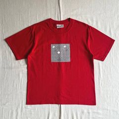 90s　vintage　MADE IN USA　アメリカ製　BRAZOS SPORTS WEAR　 チェッカー柄　ミッキーマウス　アートグラフィック　ビッグプリント　短丈Tシャツ　カットソー　ディズニー　レッド　Y2K　アメカジ　グランジ　個性派　C-BOY