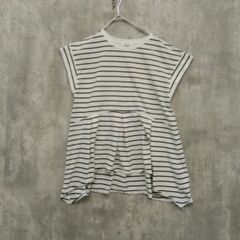 GLOBAL WORK グローバルワーク トップス カットソー・Tシャツ M ホワイト系 ブラック系 春夏 ボーダー 柄 フレア 切替 フレンチスリーブ レディース 半袖 古着 ラ・ヴェリタ古着 260928-1066