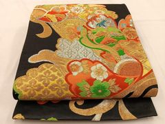 平和屋着物◎六通柄袋帯　唐織　松竹梅　吉祥花文　黒地　金銀糸　正絹　逸品　BAAW0758hj