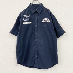 NEVER SEEN THING　半袖シャツ　ワッペン刺　紺　ネイビー　Mサイズ　古着　トップス メンズ コットン【値引き交渉OK！】