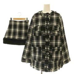 ダーリッチ Darich 24AW チェックフリンジツイードジャケット ドッキングファーツイードミニスカート ノーカラー 台形 フェイクファー S 黒 ブラック 白 ホワイト 112433006 /CX ■OS