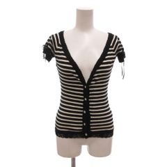 セシルマクビー CECIL McBEE カーディガン ボーダー柄 レース Vネック 半袖 38 黒 ブラック 白 ホワイト NL ■ECF009