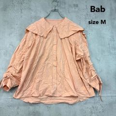 Bab バブ ビッグカラーシャーリングブラウス ブラウス シャツ トップス M オレンジ サーモンピンク 大きな襟 ドロスト 袖リボン 長袖 コットン100% 綿100% レディース 体型カバー カジュアル 韓国風 ★ ■◇ ◇■