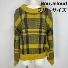 Bou Jeloud ブージュルード BIGチェックニットプルオーバー セーター トップス 長袖 黄色 黒 総柄 フリーサイズ レディース ジャガード ボリュームスリーブ ゆったり ルーズ カジュアル 秋冬服 大きめ オーバーサイズ チュニック