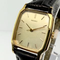 【新品電池 稼働】SEIKO セイコー 2P21-5230 1979年製 レディース 腕時計 ヴィンテージ クォーツ ゴールド文字盤 スクエアケース ゴールドカラー ブラックベルト ニッケル合金 3針 ドレスウォッチ