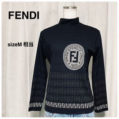 ■表側美品■FENDI フェンディ　ROMA1925 ロゴスタンプジャガード　ハイネックニットトップス　長袖カットソー　ロゴ総柄&ズッカ　Mサイズ相当　ブラック×ブラウン×グレージュ　レディース