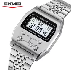 新品未使用 CASIO A1100Dオマージュウォッチ　SKMEI 2460 デジタル腕時計　シルバー　メタルバンド