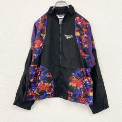 ～00s　Reebok　リーボック　フルジップナイロンジャケット　刺繍ロゴ　総柄　ヴィンテージ　黒　ブラック　Mサイズ　古着　アウター メンズ ポリエステル【値引き交渉OK！】
