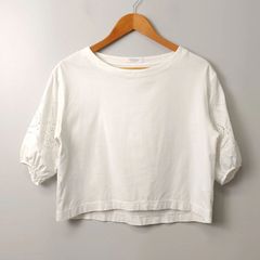 ★日本製★ ビューティーアンドユースユナイテッドアローズ BEAUTY&YOUTH UNITED ARROWS ジャージー × カットワーク ボートネック 6分袖 カットソー 【F】 ホワイト／白