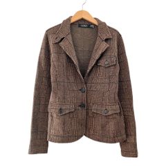 美品 LAUREN Ralph Lauren ローレンラルフローレン チェック柄 ニット テーラード ジャケット ブレザー カシミヤ混 S 茶 ブラウン レディース 古着 中古 USED
