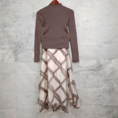 GRL グレイル コーデ売り リブニット 無地 長袖 メロウ レース刺繍 チェック柄 フレアスカート ブラウン ベージュ Sサイズ 〇◇