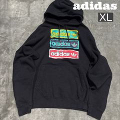 ★【USED】USA古着 アディダス 3連 BOXロゴ トレフォイル スウェット パーカー メンズ US XL 黒 ブラック adidas プルオーバー フーディー ビッグシルエット 裏起毛 ストリート スケーター スポーツMIX アメリカ 90sライク