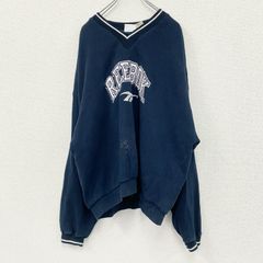 90s～　Reebok　リーボック　スウェットプルオーバージャケット　デカロゴ　Vネック　ヴィンテージ　紺　ネイビー　古着　メンズ【値引き交渉OK！】