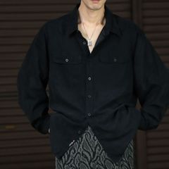 black suede l/s shirt with twin patch pockets 90s 00s フェイクスエード ダブルフラップ オーバーサイズ 長袖シャツ 黒 ブラック XL