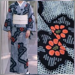 美品】有松鳴海絞り 高級浴衣 総絞り 紺 麻の葉 肩当て・居敷当て付き