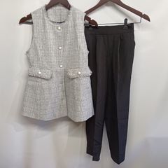 レディース　ツイード風ベスト　パンツ　2点セット　グレー系　ブラック　PSS ☆KP-265☆