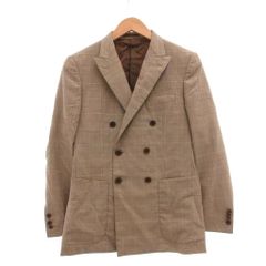 タケオキクチ TAKEO KIKUCHI テーラードジャケット チェック柄 ダブルブレスト 絹 シルク 茶 ブラウン /SX ■GY50