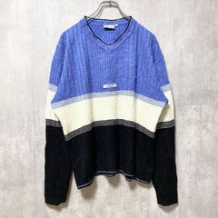 Reebok リーボック　長袖デザインニット　セーター　ボーダー柄　Vネック　レトロ　水色　白　ホワイト　黒　ブラック　Mサイズ　古着　トップス メンズ【値引き交渉OK！】
