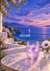 《夕凪の一杯》紫の海と白いアネモネ 癒しの地中海風景画 インテリアアートNo.1715