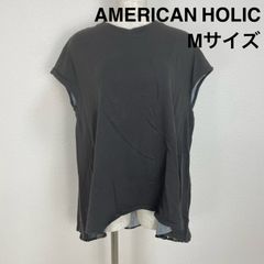 AMERICAN HOLIC アメリカンホリック Mサイズ 異素材ドッキングプルオーバー チャコールブラック カットソー チュニック ノースリーブ フレンチスリーブ Tシャツ 後ろ切替 バックプリーツ チュール レディース 体型カバー