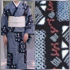 未使用に近い 有松・鳴海絞り 綿 浴衣 伝統工芸品 枝花文 綿 逸品