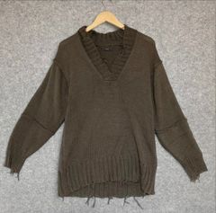 EMODA エモダ クラッシュ加工 ダメージ加工 深Vネック レイヤード風 ドッキング 畔編み ニット セーター ダークブラウン 茶 フリーサイズ レディース モード グランジ Y2K カジュアル
