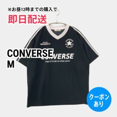 CONVERSE コンバース Tシャツ/カットソー M ブラック 無地 ワンポイント ライン柄 前面プリント ミドル丈 Vネック 半袖 レディース