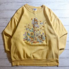 【希少アニマル】90s USA製 Vintage JERZEES SWEATSHIRT ジャージーズ イエロー 黄色 ウサギ 兎 リス 鳥 花 ボタニカル アニマル 総柄プリント クルーネックスウェット トレーナー 古着 #26201