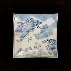 伊万里参詣図角皿　大正～昭和初期　戦前　染付　磁器　伊万里焼　名所絵　骨董　古美術　アンティーク　やきもの