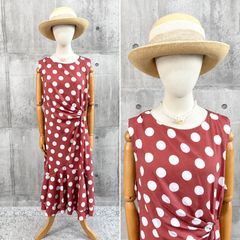 ドット柄ワンピース　 ドレープデザイン　ノースリーブ 白水玉 裏地付き ロング丈 レトロ polka dot vintage dress