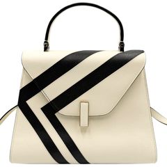 希少モデル　ヴァレクストラ　Valextra ミディアム　イジィデ　インターシャ　ストライプ　2way　ハンドバッグ　ショルダーバッグ　ホワイト　ブラック　バイカラー　本革　レザー　トップハンドル　自立　レディース　ブランド　ハイブランド　5420