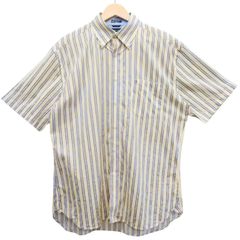 TOMMY HILFIGER トミーヒルフィガー 半袖シャツ Lサイズ イエロー ブルー ストライプ ボタンダウン 胸ポケット 2-Ply Fabric コットン 綿100% モーリシャス製 ワンポイントロゴ メンズ カジュアル アメカジ トラッド 古着 春夏