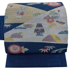 美品】 袋帯 逸品 蜀江華文 草花 相良刺繍 ベージュ 六通 正絹 【中古
