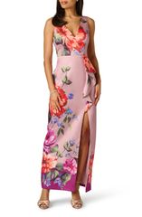 アドリアナ パペル レディース トップス ワンピース フラワー柄 フリル フラワー Adrianna Papell Floral Waterfall Ruffle Mikado Gown MAUVE