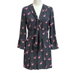 【ZARA BASIC ザラ】フラミンゴ ボウタイ ドットシャツワンピース M