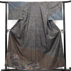 大島紬　訪問着　藤絹織物　七宝　唐花　花亀甲　着物　092b