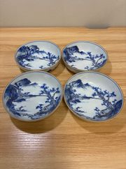【九谷焼】金彩染付　山水図　深皿４枚セット　骨董　アンティーク　和食器　当時物　絵皿　陶芸　骨董食器　手描き　取り皿
